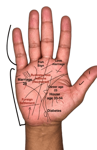 Illustrated palmistry chart of an open hand with the main palm lines labelled