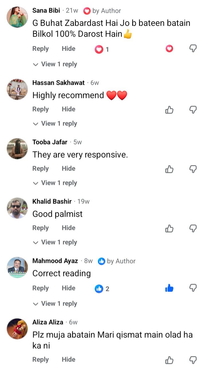 Facebook client feedback for Ejaz Reads palmistry service
