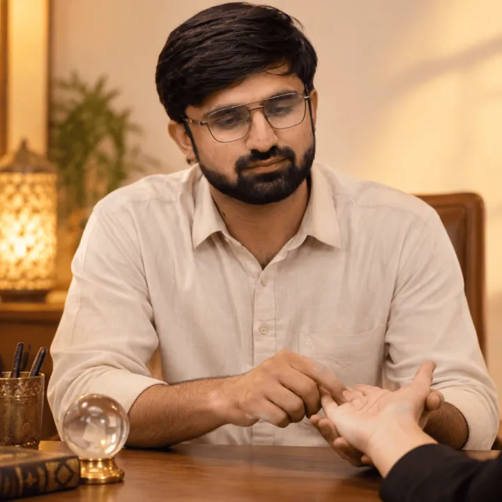 Palm reader Ejaz ur Rehman studying the lines of a client's hand